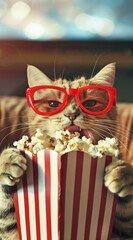 a cat wearing glasses, holding popcorn in one hand and eating it with his tongue out, movie theater background