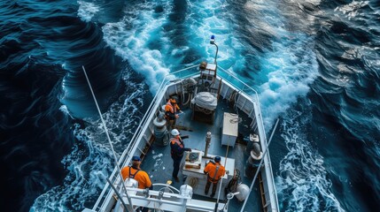 A rugged fishing boat cuts through turbulent ocean waves under a dramatic overcast sky, showcasing the resilience of maritime workers. AIG41 - 774829478