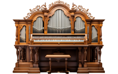 A wooden organ and bench in a serene setting