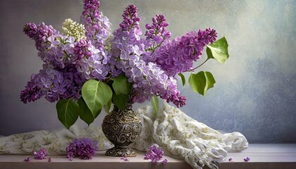 Lilac bouquet in a vase. Spring background