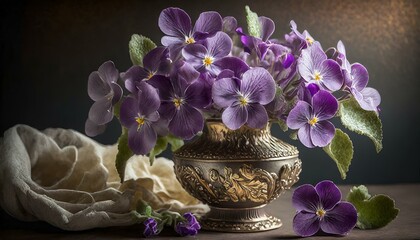 A bouquet of violets in a vase. Spring background  