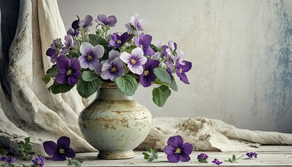 A bouquet of violets in a vase. Spring background

