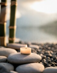 Obraz na płótnie Canvas A minimalist meditation space with a small, flickering candle set amidst smooth stones and bamboo, promoting tranquility and focus in a serene, natural environment