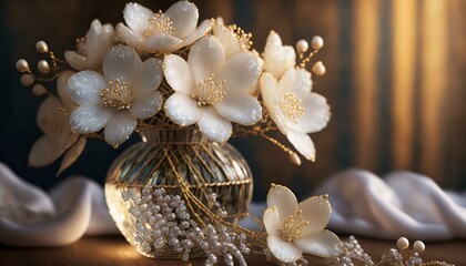 Biało-złote fantazyjne kwiaty w wazonie