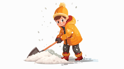 Little boy in winter clothes shoveling snow flat