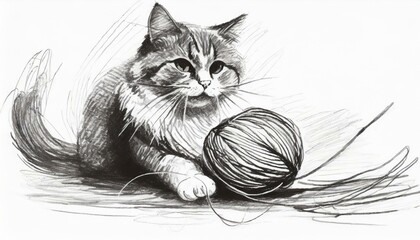 Kot bawiący się kłębkiem wełny. Rysunek, szkic - obrazy, fototapety, plakaty