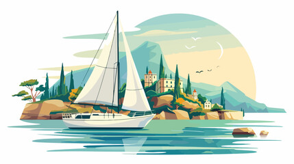 Sailboat against a beautiful landscape flat vector is - obrazy, fototapety, plakaty