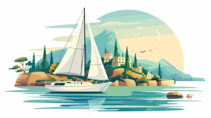 Poster Sailboat against a beautiful landscape flat vector is © Mishab
