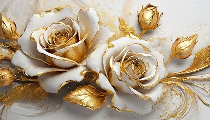 White and gold background with 3D roses covered with gold paint - 774830058