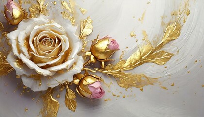 White and gold background with 3D roses covered with gold paint - 774830081