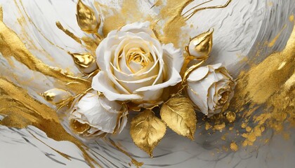 Biało-złote tło z różami 3D oblane złotą farbą - 774830257