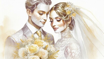 Portrait of a young couple. Drawing, sketch, watercolor with golden elements. Invitation or wedding card - 774830420