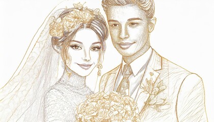 Portret młodej pary. Rysunek, szkic, akwarela ze złotymi elementami. Zaproszenie lub kartka ślubna