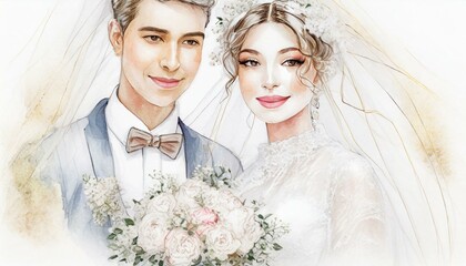 Portrait of a young couple. Drawing, sketch, watercolor with golden elements. Invitation or wedding card - 774830434