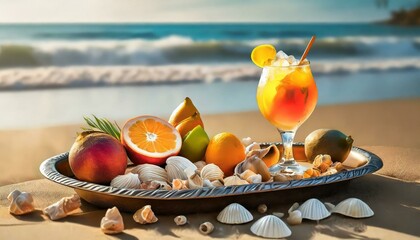 Taca z drinkiem, owocami i muszlami leżąca na plaży. W  tle morskie fale. Wakacyjne tło - obrazy, fototapety, plakaty