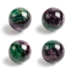 Green and purple fluorite sphere. Healing metaphysical crystal photo. Isolated background, four...