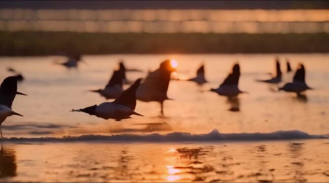 Geese flying at sunset

