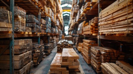 Stacks of wooden planks at the sawmill. A warehouse for storing boards at a sawmill . Lumber in stock