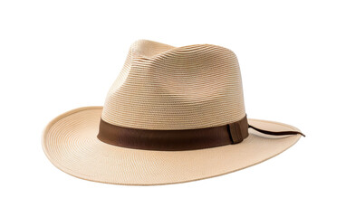 Fototapeta na wymiar A white hat featuring a stylish brown ribbon around the brim, adding a touch of sophistication to its design