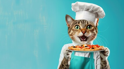 Cat with chef's hat is holding delicious-looking pizza against blue background - Powered by Adobe