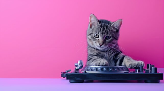Gray tabby cat is playfully interacting with DJ mixing turntable against vibrant pink background