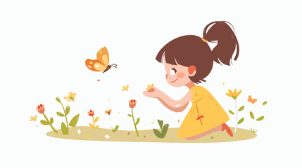 Obraz na płótnie Canvas Little girl playing with butterfly flat vector
