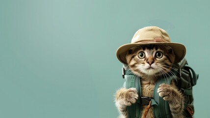 Adventure-ready cat with wide eyes wearing safari hat and backpack against teal background - obrazy, fototapety, plakaty