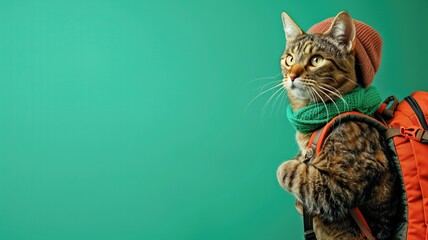 Tabby cat with hat and scarf carrying orange backpack against green background - obrazy, fototapety, plakaty