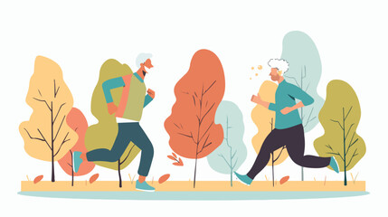 Senior couple running in the park flat vector isolated