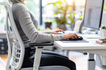 office person sit on chair with good posture to alleviate symptoms of office syndrome between working, ergonomic office furniture designed to promote better posture and mitigate the risk of injury - obrazy, fototapety, plakaty