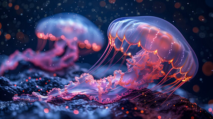 Luminescent Depths. two jellyfish glowing with a bioluminescent light, surrounded by small illuminated particles underwater.