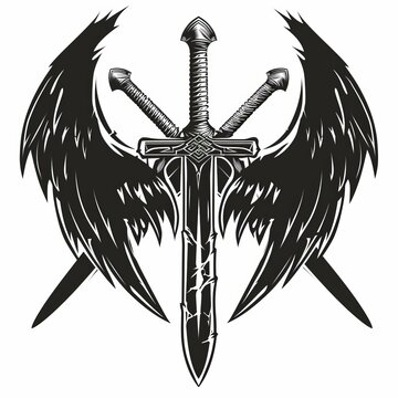 a black and white graphic of a sword and wings