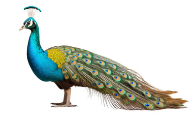 A stunning peacock displays its vibrant blue and yellow feathers in a magnificent spectacle