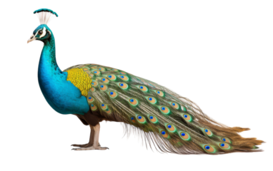 A stunning peacock displays its vibrant blue and yellow feathers in a magnificent spectacle