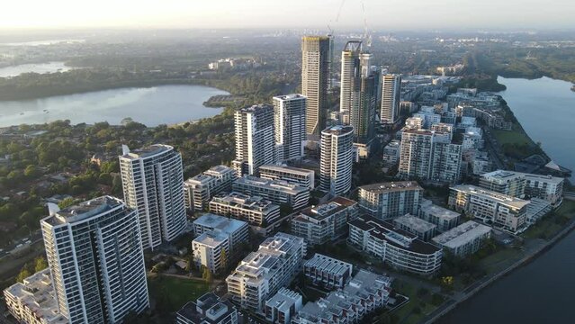 Aerial drone view of Rhodes, an Inner West suburb of Sydney, NSW Australia on a sunny morning in March 2024 