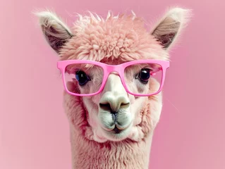Fotobehang alpaca wearing pink glasses and wrapped in a scarf. vibrant magenta color background © zayatssv