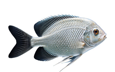 A striking black and white fish swimming gracefully against a pristine white background