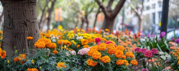 From Gray to Green: How Tree Guards Became Mini Gardens with Marigolds and Petunias - obrazy, fototapety, plakaty