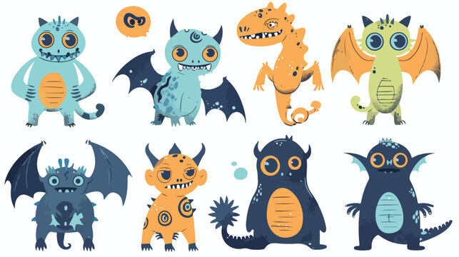 Set of cute monster cartoon flat vector isolated on white