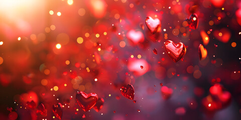 Texture background for Valentines day Copy space with red hearts bokeh lights Valentines day red lights background. - obrazy, fototapety, plakaty