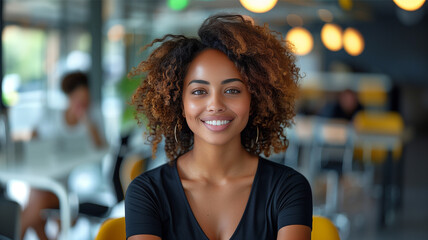 Beautiful young african american business woman smiling closeup portrait blur office background