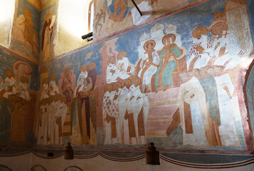 The interior of the Cathedral of the Nativity of the Virgin Mary in the Ferrapontov Monastery. Frescoes of Dionysius, 1502. The Northern Wall, the VII Ecumenical Cathedral. 
