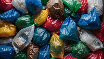 Plastic background. Variety of crumpled plastic bags. Top view to stack of plastic bags. - obrazy, fototapety, plakaty