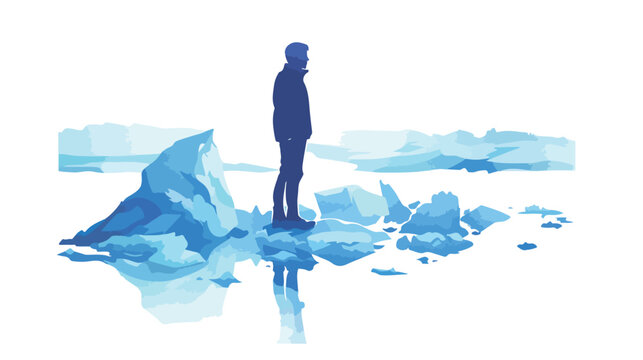 Silhouette of person by ice. Global warming concept