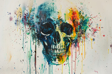 a watercolor painting of a skull with paint splatters on it's face and the skull's lower half covered in multi - colored splats.