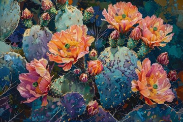 Fototapeta na wymiar Spring Unveils Its Colors: A Close-Up Exploration of a Prickly Pear Cactus in Bloom