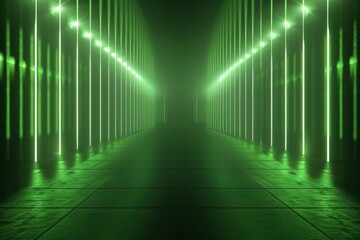 Dark background with lines and spotlights, neon light, night view. Abstract green background - generative ai