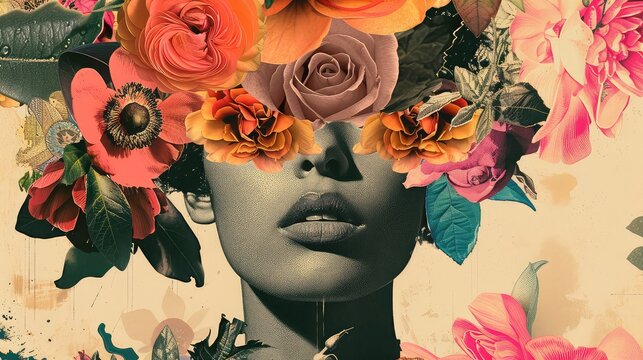 Artistic Collage of Women with Flowers - A Unique Blend of Femininity and Nature in Art Design Poster