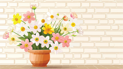 Spring flowers in a ceramic pot on a table with a bri