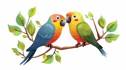 Parrots Lovely Couple on Tree Branch flat vect